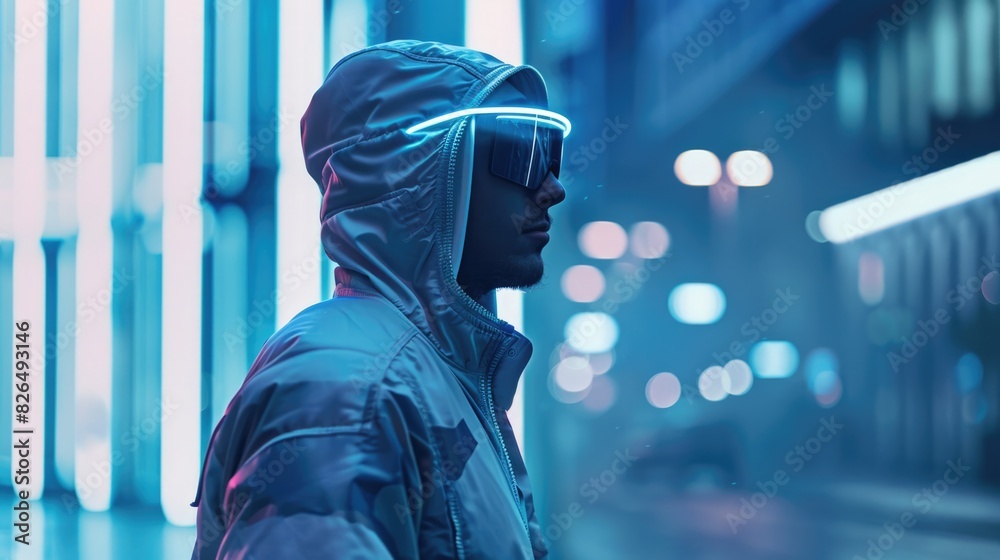 High-Tech Urban Style: Man Modeling Smart Clothing with Integrated Technology High-Tech Urban Style: Man Modeling Smart Clothing with Integrated Technology