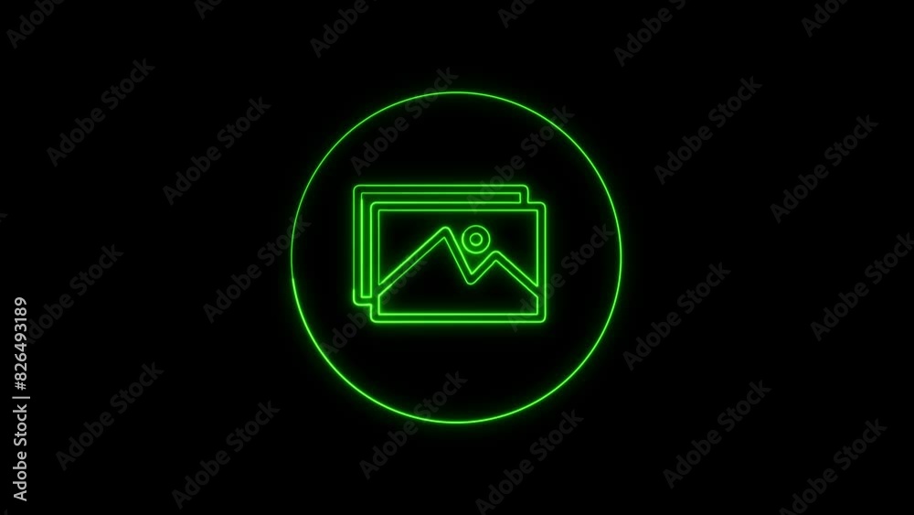 Abstract neon gallery icon animation. picture icon animation on black background