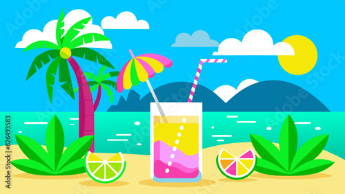 Colorful topical cocktail with a drinking straw on a tropical beach with palms and ocean on the background. Sunmmer holiday