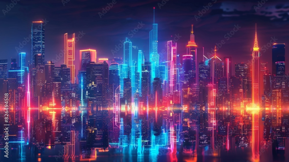 A stunning visual of a futuristic city skyline glowing with vibrant neon lights and digital effects under a night sky.