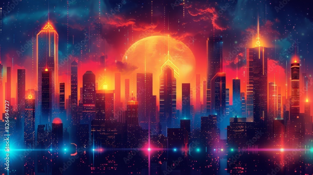 A futuristic city skyline glows with vibrant neon lights and digital effects in a stunning visual under a night sky.