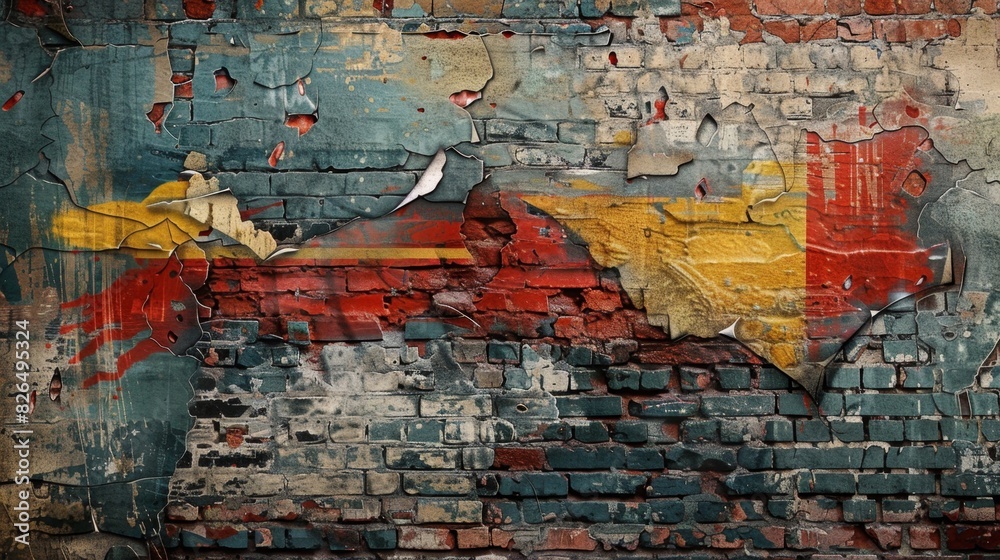 Fototapeta premium An old brick wall featuring layers of peeling paint in vibrant red, blue, and yellow, illustrating decay and texture.