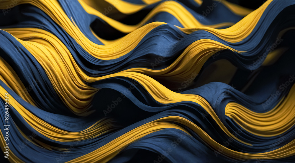 Abstract 3d wavy wallpaper. Background with 3d stylish blue and yellow waves. Liquid dynamics visualization.	
