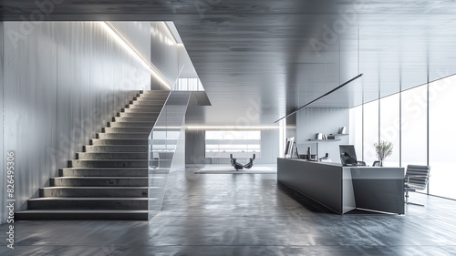 Interior scene background, of information counter.contemporary office building.open space design.minimal style