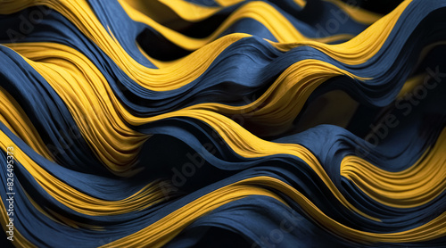 Abstract 3d wavy wallpaper. Background with 3d stylish blue and yellow waves. Liquid dynamics visualization.	
