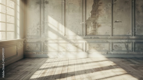 Sunlight streaming through a window into an empty  vintage room with textured walls and wooden floors  creating a serene ambiance.