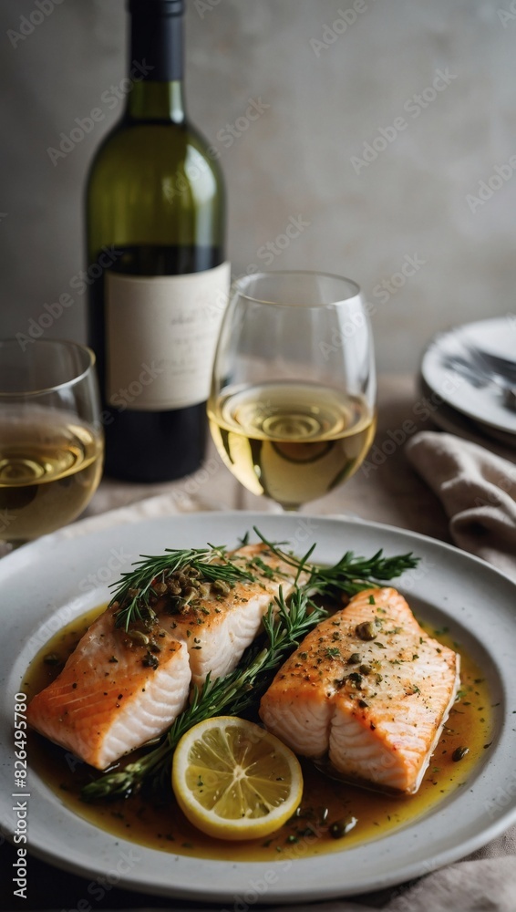 Intimate meal, two glasses of white wine and baked fish. Intimate meal, two glasses of white wine and baked fish.