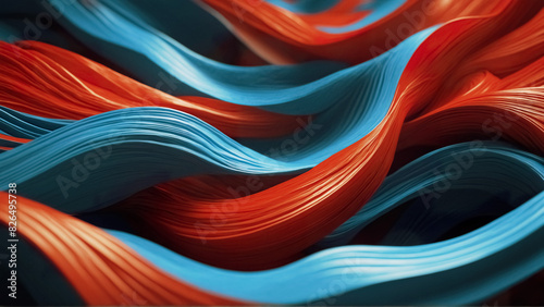 Abstract 3d wavy wallpaper. Background with 3d stylish blue and red waves. Liquid dynamics visualization.	
