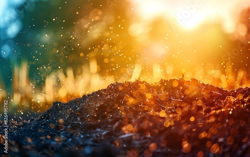 Close-up of soil with sparkling particles and colorful bokeh in sunlight, representing growth and nature's beauty. photo