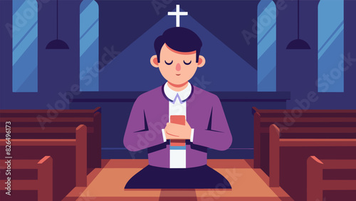 A man sits on a wooden pew his eyes closed and lips gently moving in a quiet prayer while participating in a group meditation in the church.. Vector illustration