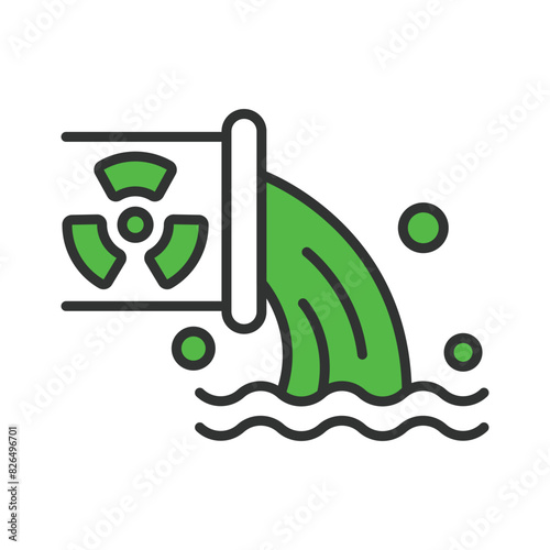 Radioactive waste water, in line design, green. Radioactive, Waste, Water, Contamination, Toxic, Pollution, Hazardous on white background vector. Radioactive waste water editable stroke icon.