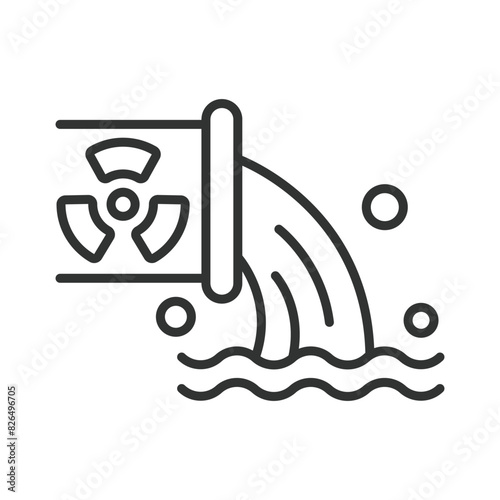 Radioactive waste water, in line design, green. Radioactive, Waste, Water, Contamination, Toxic, Pollution, Hazardous on white background vector. Radioactive waste water editable stroke icon.