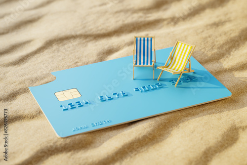 Using a credit card for paying the summer vacation concept. Two beach folding chairs on an oversized credit card on the beach