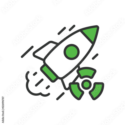 Nuclear missile, in line design, green. Missile, Nuclear, Warhead, Weapon, Rocket, Explosion, Destruction on white background vector. Nuclear missile editable stroke icon.