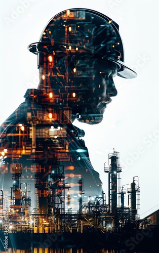 Double exposure of engineer with helmet over industrial plant, reflecting technology, engineering, and industrial development. photo