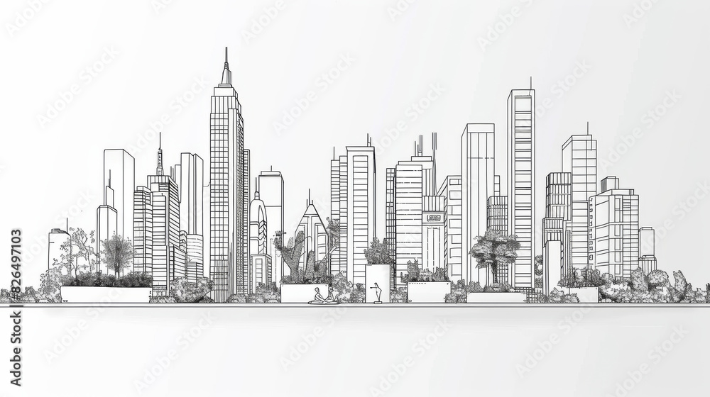 Fototapeta premium A city skyline with tall buildings and trees