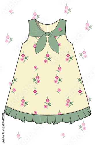 Baby girls cute floral print kid wear frock dress with all over print  & bow tie lapel