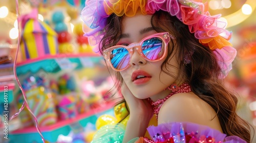 Sweet Style Delight: Playful Fashion Model Surrounded by Vibrant Candies in a Colorful Candy Store © thesweetsheep