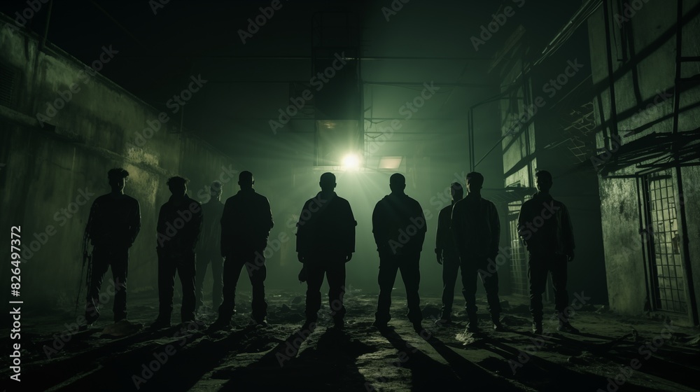Mysterious Group of Silhouetted Men in a Dimly Lit Industrial Environment