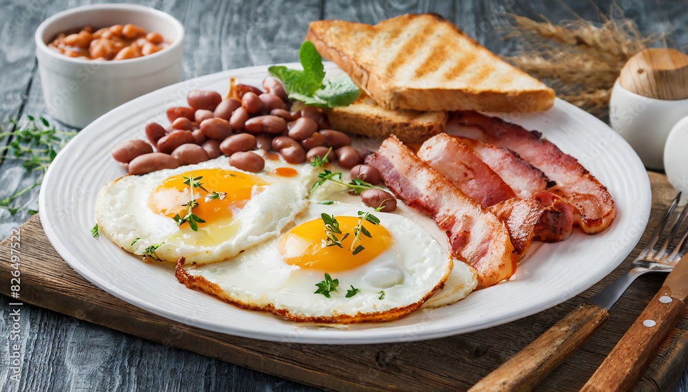 English breakfast with fried eggs, bacon, beans, spices and herbs, and toast on white plate.