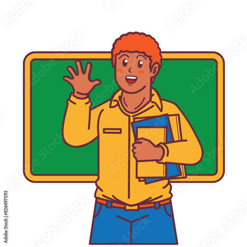 Cartoon female teacher carrying a book, and a blackboard behind him