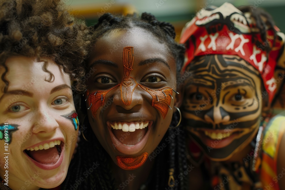 Three happy friends with vibrant tribal face paint showing excitement and cultural celebration