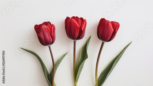 Three beautiful crimson tulip blossoms on a white backdrop