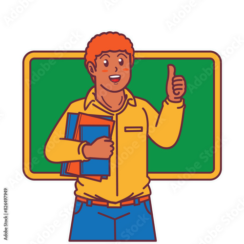 Cartoon female teacher carrying a book, and a blackboard behind him