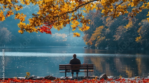 Autumn Serenity: Capture the peacefulness of an autumn day with colorful leaves, a calm lake, and a person enjoying the scenery, highlighting tranquility and the beauty of nature.