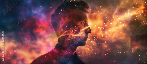 Double exposure portrait of a man's silhouette filled with a starry night sky. 