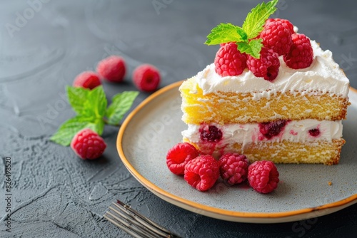Cake Slice. Yellow Sponge Cake Topped with Whipped Cream and Sorbet with Raspberries