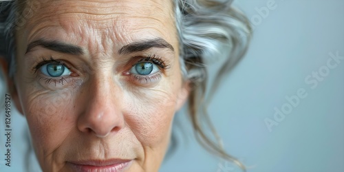 Close-up of a mature woman's face highlighting expressive forehead wrinkles. Concept Portrait Photography, Facial Features, Mature Beauty, Expresive Forehead Wrinkles, Close-Up Shot photo