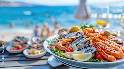  A poster image of a seafood platter at a beachside restaurant with the ocean in the background.