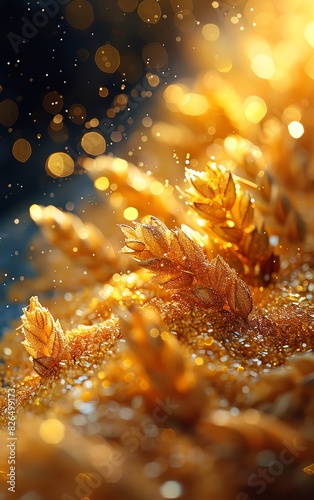 Golden wheat field close-up with sunlight and bokeh effect, showcasing shimmering grains and a warm, vibrant atmosphere.