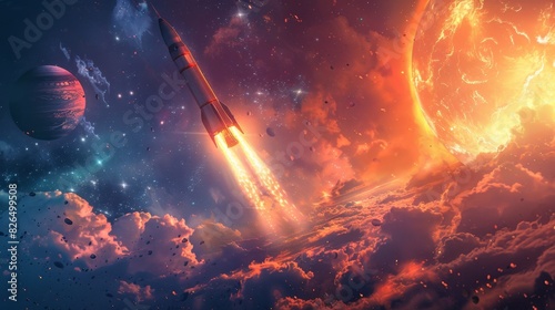 A dramatic space scene depicting a rocket escaping from an exploding planet amid a cosmic backdrop with stars and nebulae.