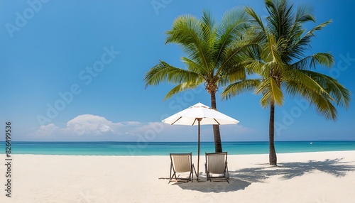 Entspannen in den Tropen wunderschöner Sandstrand unter Palmen zwei Stühle und ein Sonnenschirm © karl