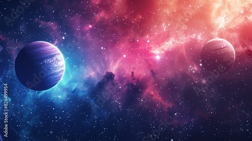 A breathtaking scene of two planets set against a vibrant cosmic nebula  filled with hues of pink  blue  and purple  radiating celestial mystery.