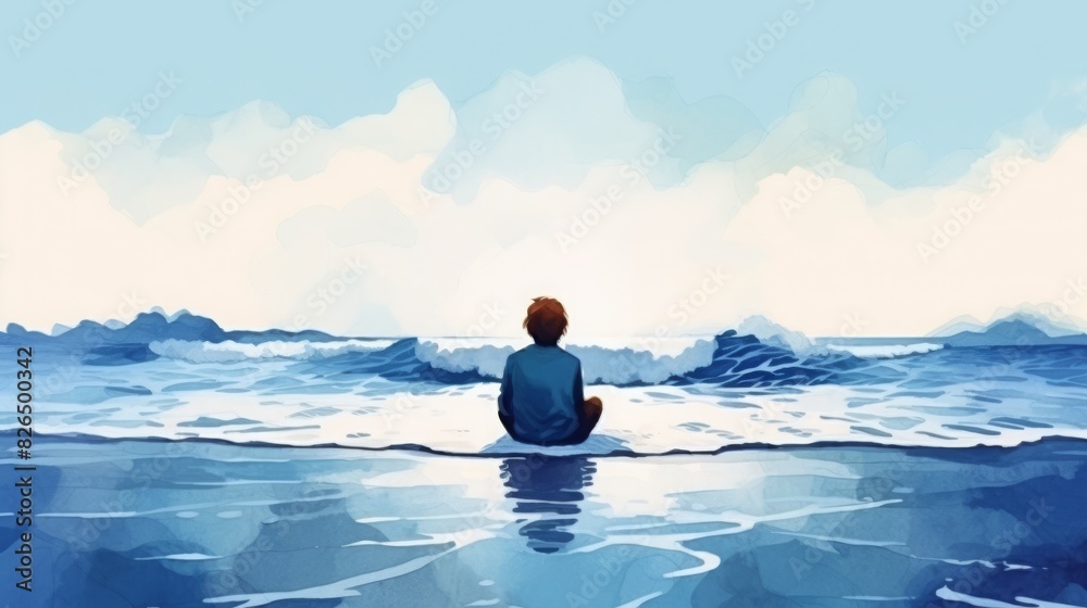 Fototapeta premium A man sits on the beach, looking out at the ocean, watercolor illustrations, summer, vacation time.