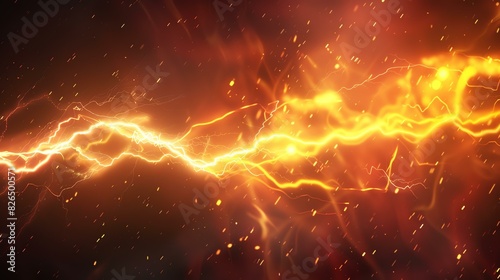 Abstract orange lightning strikes on dark background. Electric crackle. Power and energy concept.