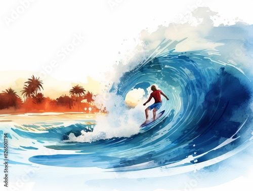 A man is surfing a wave in the ocean, watercolor illustrations, summer, vacation time.