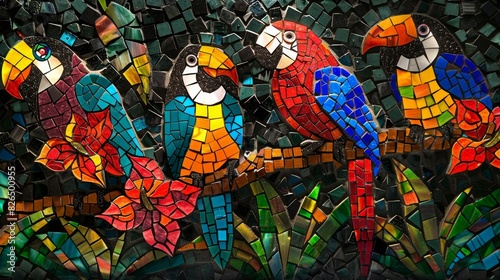 Crafted from colorful glass tiles  a vibrant mosaic depicts various birds perched among colorful flowers.