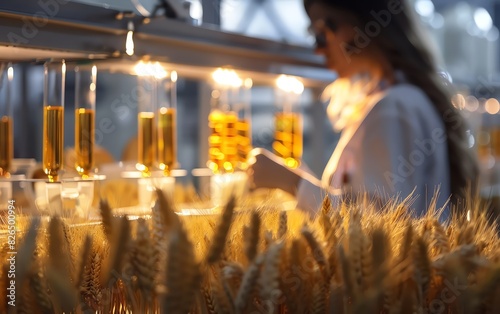 Scientist conducting research in a laboratory with wheat samples under bright lights, focusing on agricultural biotechnology and innovation.