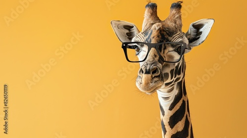 A giraffe wearing black eyeglasses looks at the camera with a curious expression. The background is a solid yellow color. photo