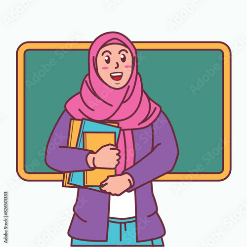 Cartoon of a female teacher in a hijab carrying a book, and a blackboard behind her