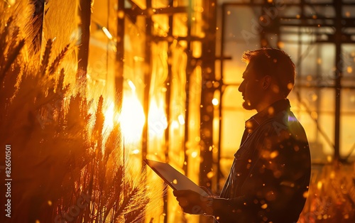 Silhouette of a man inspecting crops in a greenhouse at sunset, holding a tablet, with warm golden light streaming through the glass.