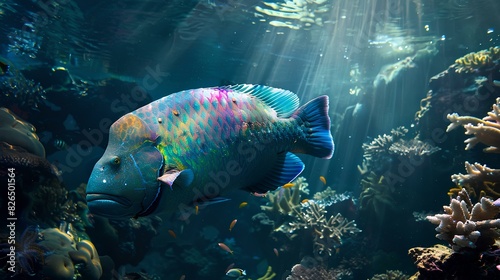 A majestic humphead wrasse swimming among vibrant coral formations, its iridescent scales shimmering in the dappled sunlight filtering through the water. photo