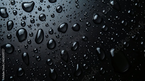 Condensation water drops on a dark glass texture background. Shower or rain droplets, pure aqua blobs. Top view