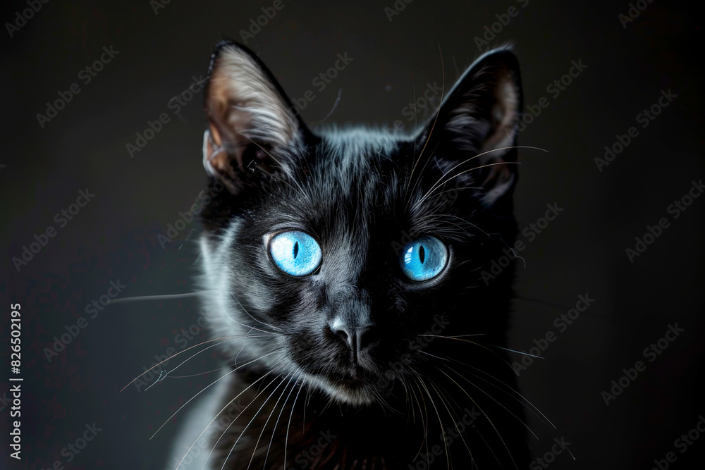 Stunning portrait of a black cat with striking blue eyes, set against a dark background. Stunning portrait of a black cat with striking blue eyes, set against a dark background.