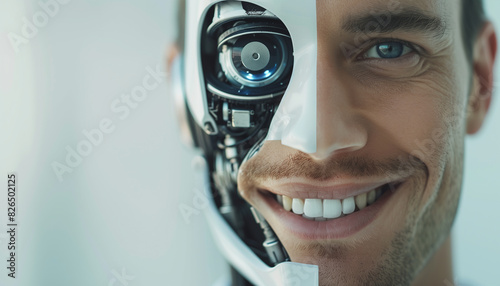 Human with half robot face close up portrait on isolated background - ai generative photo