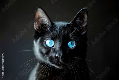 Stunning portrait of a black cat with striking blue eyes, set against a dark background.